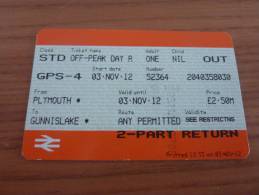 Ticket De Transport (Train - National Rail - Bus) PLYMOUTH GUNNISLAKE (ANGLETERRE) - Europa