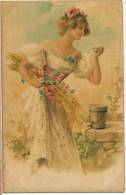 Silk Painted Card,  Peinte  Soie Toute La Surface, Belle Femme Au Puits - Sonstige & Ohne Zuordnung