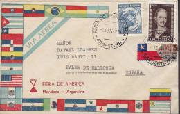 Argentina Airmail Via Aerea FERIA DE AMERICA Mendoza Label 1954 Cover Letra To MALLORCA Spain Eva Peron Flag Cachet - Luftpost