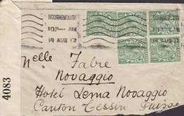 ## Great Britain BOURNEMOUTH 1917 Cover To NOVAGGIO Cessin Switzerland Suisse Opened By Censor Label 4-Block (2 Scans) - Covers & Documents