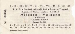 MILAZZO - VULCANO  /  Società Aliscafi Sud S.p.A. Trapani  -  Biglietto Di Corsa Semplice  - Classe Unica _ Lire 800 - Europe