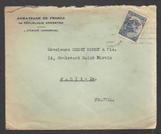 ARGENTINE 1937 Usage Courant Obl. S/lettre Ambassade Pour La France - Postwaardestukken