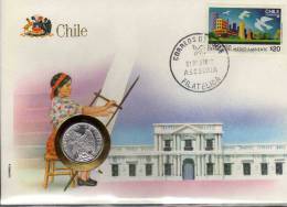 Numisbrief 1987 Numisletter Chile #203 1C Adler Plus Stamp 20$ O 15€ Taube UNO #455 Flagge Flag Coins Cover Of America - Chili