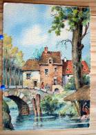 BARDAY BARRE DAYEZ AQUARELLE N° 2900 D MAISON ET PONT SUR LA RIVIERE LAVOIR LAVANDIERE - Barday