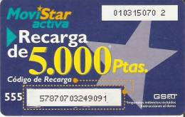 GSMAR-005 TARJETA RECARGA MOVISTAR ACTIVA 5000 PTAS NUMEROS SOBRE BLANCO - Telefonica