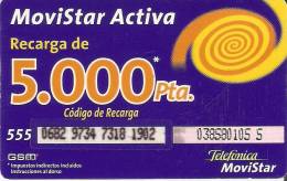 GSMAR-011 TARJETA RECARGA MOVISTAR ACTIVA 5000 PTAS (16 DIGITOS AGRUPADOS DE 4 EN 4 ) - Telefonica