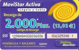 GSMAR-022 TARJETA RECARGA MOVISTAR ACTIVA 2000 PTAS 12,02 EUROS (NUMEROS SOBRE BLANCO) - Telefonica