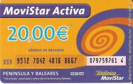 GSMAR-??? TARJETA RECARGA MOVISTAR ACTIVA 20 EUROS - Telefonica