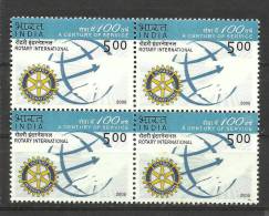 INDIA, 2005,  Centenary Of Rotary International, Block Of 4,  Globe, Hands, MNH,(**) - Nuevos