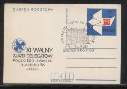 POLAND 1973 9TH POLISH PHILATELISTS CONFERENCE COMM CANCEL ON COMM CARD BUILDING PHILATELY BIRD LETTER - Cartas & Documentos