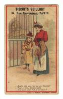 CHROMO BISCUITS GUILLOUT Lith J. MINOT JEUNE FILLE ET SA MERE CAGE AUX LIONS PARAPLUIE CHAPEAU CIRQUE - Other & Unclassified