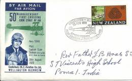 1970 50th Anniversary 1st Crossing  Cook Strait Wellington- Blenheim  28th Aug 1970 Special Postmark Addressed To India - Poste Aérienne