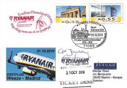 Erstflugpost - Ryanair - Düsseldorf - Madrid - 31.10.10 Mit Untersschriften Der Piloten  [dy95b] - Covers & Documents