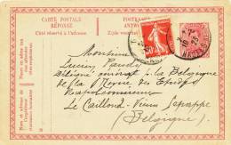 324/20 - RARE Entier Postal REPONSE Albert 15 + TP Semeuse France = MIXTE - GAP 1923 Vers Belgique - Tarjetas 1909-1934