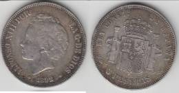 ****  SPAIN - ESPAGNE - 5 PESETAS 1892 ALFONSO XIII - SILVER -ARGENT **** EN ACHAT IMMEDIAT !!! - Premières Frappes