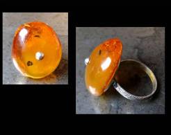 Ancienne Bague Oeuf En Ambre / Vintage Silver And Amber Egg Ring - Ringe