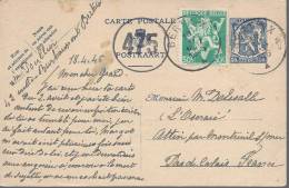 Entier Postal 50c Bleu Compléùent D'un 50c Vert Pour La France 1945 Armoirie Lion Couronne - Postcards 1934-1951