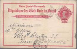Entier Postal Carte Postale 100 Reis Rouge Oblitéré De Rio De 1909 Pour Paris - Entiers Postaux