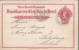 Entier Postal Carte Postale 100 Reis Rouge Oblitéré DePorto Allegre De 1908 Pour Salzbourd Autriche - Postal Stationery