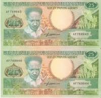 LOTE DE 2 BILLETES CORRELATIVOS DE SURINAM DE 25 GULDEN DEL AÑO 1988  SIN CIRCULAR-UNCIRCULATED  (BANK NOTE) - Suriname