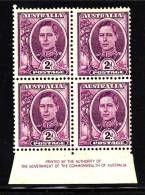 Australia MH Scott #193 Inscription Block Of 4 2p King George VI - Fogli Completi