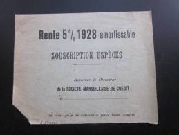 Rente 5 % En 1928 Amortissables Souscriptions Espèces De La Société Marseillaise De Crédit Verso écrit - Banque & Assurance