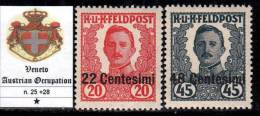 ITALIA - VENETO OCC. AUSTRIACA - N. 25+28 NON EMESSI - Linguellati - MH* - ORIGINALGUMMI M/Falz - Ocupación Austriaca