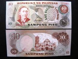 UNC Banknote From Philippines 10 Pesos #161d Red Serial, Church $8 - Philippines