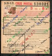 Colis Postaux Bulletin D´expédition 8.60fr 3kg Timbre 2.70fr Barré 3.0fr N° 530321 (cachet Gare SNCF CAP D'AIL PLM) - Storia Postale