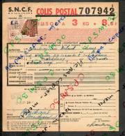 Colis Postaux Bulletin Expédition 8.60fr 3kg Timbre 2.70fr Barré 3.0fr N° 707942 (cachet Gare SNCF CANNES VOYAGEURS) - Cartas & Documentos
