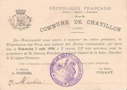 Chatillon ( 92 ) Invitation à La Distribution Des Prix 1896 - Diplômes & Bulletins Scolaires