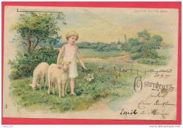 Bavaria Hold To Light 1899 Vintage Postcard, Easter, Child, Lambs - Contre La Lumière