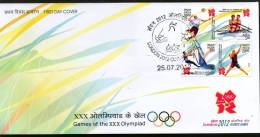 India 2012 London Olympic Games Badminton Sailing Rowing Handball Se-Tenant BLK/4 FDC # F2770a Inde Indien - Sommer 2012: London