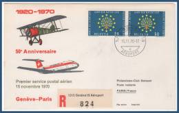 GENEVE > PARIS 15/11/1970 Recommandé, Verso Paris Aviation - Premiers Vols