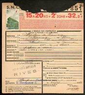 Colis Postaux Bulletin D´expédition 32.2fr 15 à 20 Kg Timbre F Rouge N° Illisible 851 (cachet Gare SNCF SUD-EST RIVES) - Cartas & Documentos