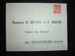 LETTRE PRE-AFFRANCHIE POUR LE RETOUR TP IRIS 1F MESSIEURS H. DUFOUR Et P. BERTIN USINE DU FOULON PAR VANDIERES (54) - 1939-44 Iris