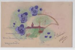Carte Postale Bonne Année Matière Rodhoïd - Celluloïd - Paysage - Violettes - Sonstige & Ohne Zuordnung