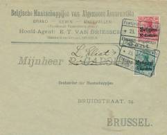 338/20 - Lettre TP Etapes Censure De GENT 1916 Vers BXL - Entete Assurances Van Driessche à HERZELE - OC26/37 Etappengebiet