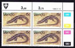 Venda - 1986 - Second Definitive - Reptiles - Control Block, Plate No 580 - 583 - Soutpansberg Lizard - Venda