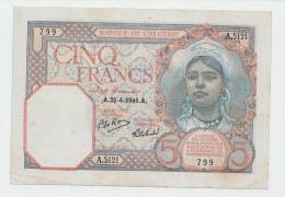 Algeria 5 Francs 1941 VF+ CRISP Banknote P 77b 77 B - Algerije