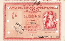 BUONO DEL TESORO QUINQUENNALE A PREMI  /  1 Buono _  Lire Cinquecento - 1945 - Bank & Insurance