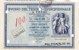 BUONO DEL TESORO QUINQUENNALE A PREMI  /  2 Buoni _  Lire 1000 - 1945 - Bank & Insurance