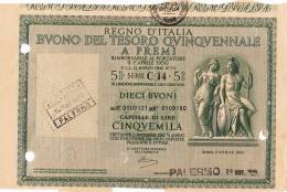 BUONO DEL TESORO QUINQUENNALE A PREMI  /  10 Buoni _  Lire 5000 - 1945 - Bank & Insurance