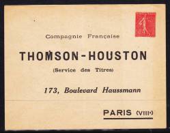 FRANCE ENTIER POSTAL LETTRE TYPE SEMEUSE 50C ROUGE REPIQUAGE  AVEC PUBLICITE THOMSON HOUSTON - Buste Ristampe (ante 1955)