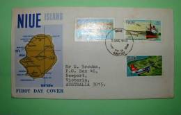 Niue 1970 FDC Cover To Australia - Map - Transport - Plane Conoe Ship Harbor - Scott # 136-138 - Niue