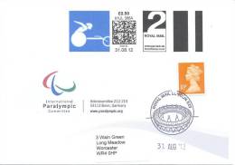 UK Olympic Games London 2012 Letter; Paralympic Athletics 2nd Class Smart Stamp Uprated To 1st Class; Olympic Stadium - Summer 2012: London