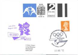 UK Olympic Games London 2012 Letter; Olympic Wrestling 2nd Class Smart Stamp Uprated To 1st Class; Olympex Cancellation - Eté 2012: Londres