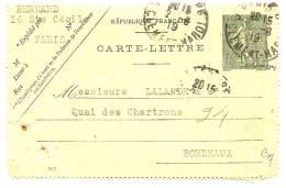 LTR7 - FRANCE EP CL SEMEUSE LIGNEE 10c D 847 PARIS / BORDEAUX AOÛT 1919 - Letter Cards