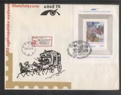 POLAND 1975 12TH PHILATELIC EXPO 25 YEARS COMM COVER EXPO MS RARE REGISTRATION LABEL STAGECOACH HORSE HORSES POSTHORN - Stage-Coaches