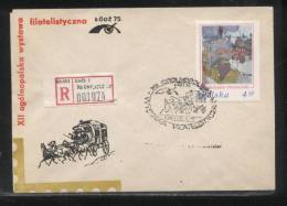 POLAND 1975 12TH PHILATELIC EXPO 25 YEARS COMM COVER EXPO STAMP RARE REGISTRATION LABEL STAGECOACH HORSE HORSES POSTHORN - Diligences